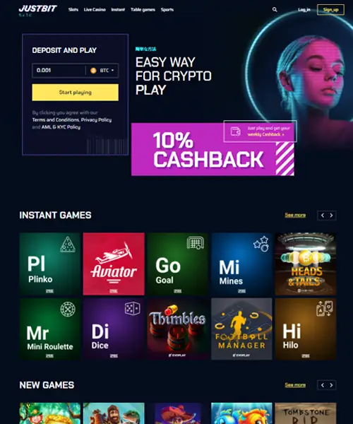 Justbit Casino screenshot casino lobby with slot games, live dealer tables, payment options, and user interface elements