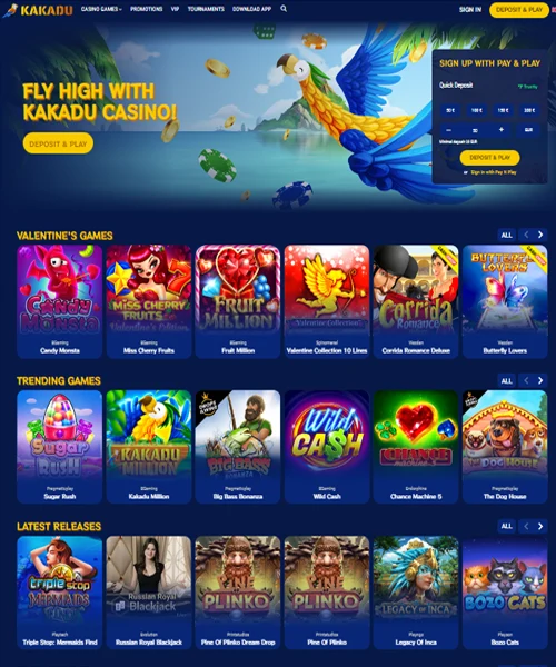 Kakadu Casino screenshot casino lobby with slot games, live dealer tables, payment options, and user interface elements