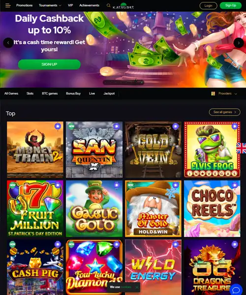 Katsubet Casino screenshot casino lobby with slot games, live dealer tables, payment options, and user interface elements