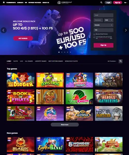 Kosmonaut Casino screenshot casino lobby with slot games, live dealer tables, payment options, and user interface elements