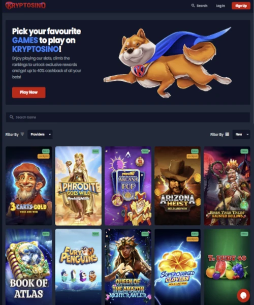 Kryptosino screenshot casino lobby with slot games, live dealer tables, payment options, and user interface elements