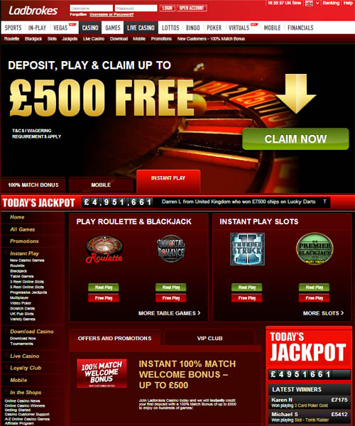 Ladbrokes Casino screenshot casino lobby with slot games, live dealer tables, payment options, and user interface elements