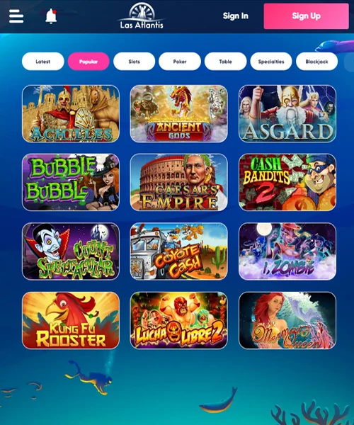 Las Atlantis Casino screenshot casino lobby with slot games, live dealer tables, payment options, and user interface elements