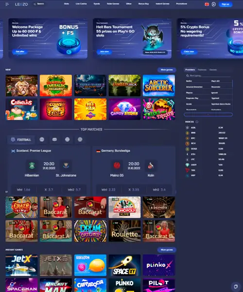 LEGZO Casino screenshot casino lobby with slot games, live dealer tables, payment options, and user interface elements