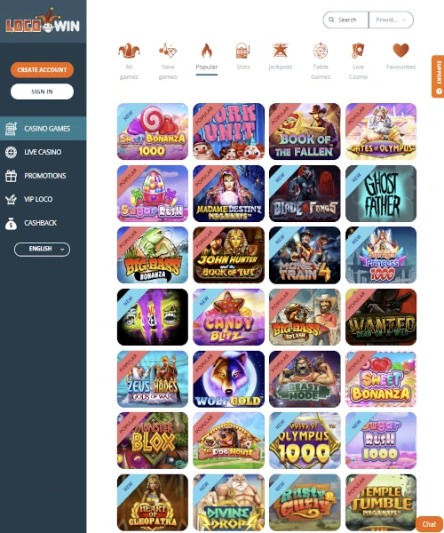 LocoWin Casino screenshot casino lobby with slot games, live dealer tables, payment options, and user interface elements