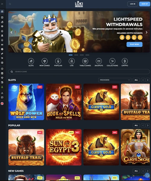 Loki Casino screenshot casino lobby with slot games, live dealer tables, payment options, and user interface elements