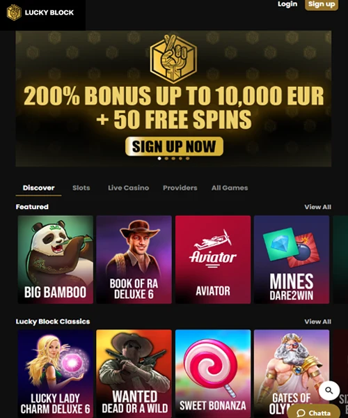 Lucky Block Casino screenshot casino lobby with slot games, live dealer tables, payment options, and user interface elements