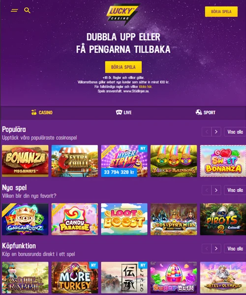 Lucky Casino screenshot casino lobby with slot games, live dealer tables, payment options, and user interface elements