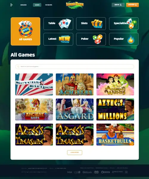 Lucky Tiger Casino screenshot casino lobby with slot games, live dealer tables, payment options, and user interface elements