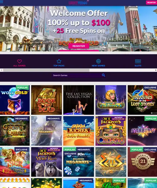 Lucky Vegas Casino screenshot casino lobby with slot games, live dealer tables, payment options, and user interface elements