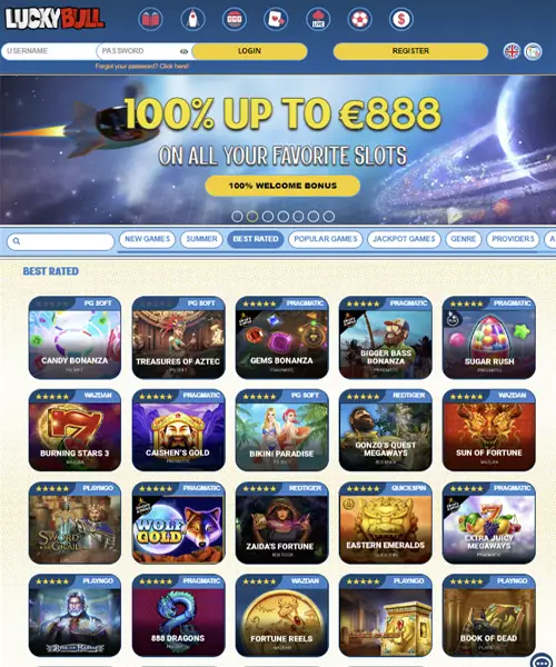 LuckyBull Casino screenshot casino lobby with slot games, live dealer tables, payment options, and user interface elements