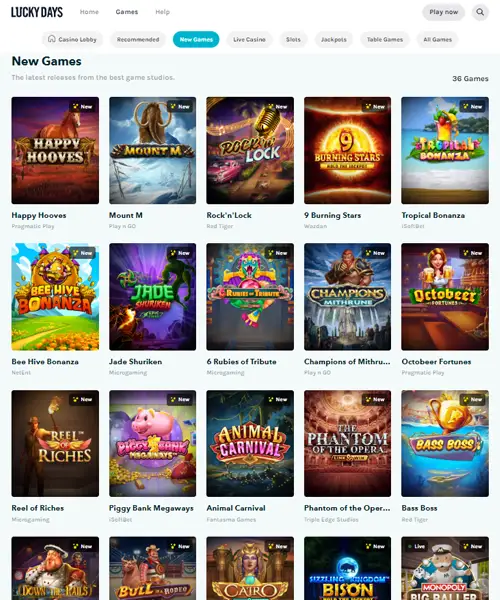 LuckyDays Casino screenshot casino lobby with slot games, live dealer tables, payment options, and user interface elements
