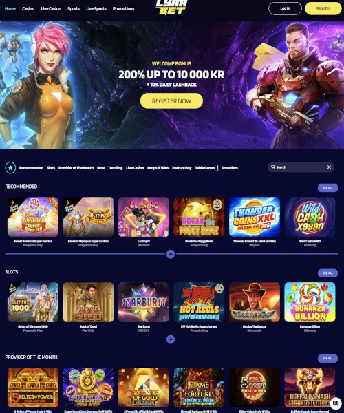 LyraBet Casino screenshot casino lobby with slot games, live dealer tables, payment options, and user interface elements