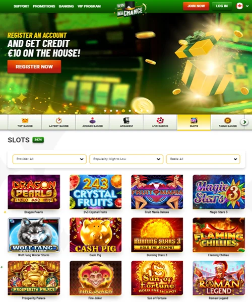 MaChance Casino screenshot casino lobby with slot games, live dealer tables, payment options, and user interface elements