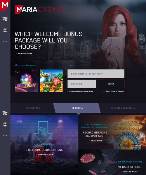 Maria Casino screenshot casino lobby with slot games, live dealer tables, payment options, and user interface elements