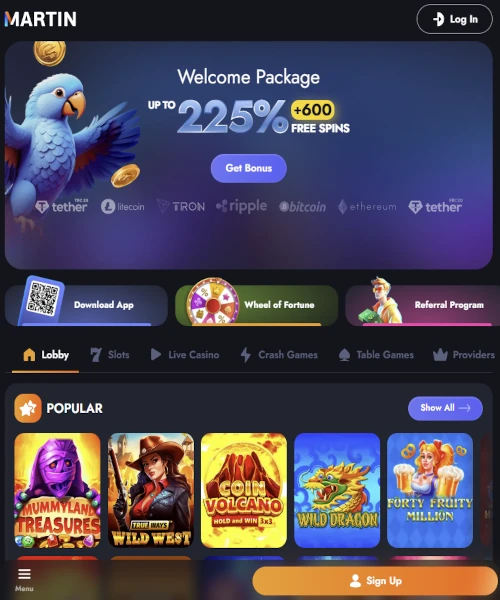 Martin Casino screenshot casino lobby with slot games, live dealer tables, payment options, and user interface elements