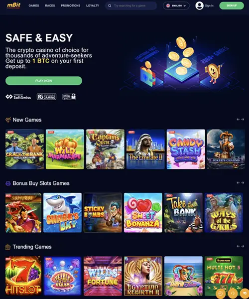 mBit Casino screenshot casino lobby with slot games, live dealer tables, payment options, and user interface elements