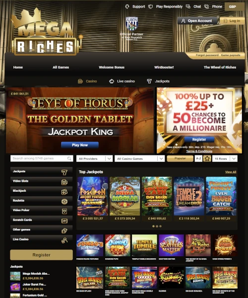 Mega Riches Casino screenshot casino lobby with slot games, live dealer tables, payment options, and user interface elements