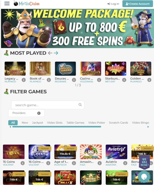 Merlin Casino screenshot casino lobby with slot games, live dealer tables, payment options, and user interface elements