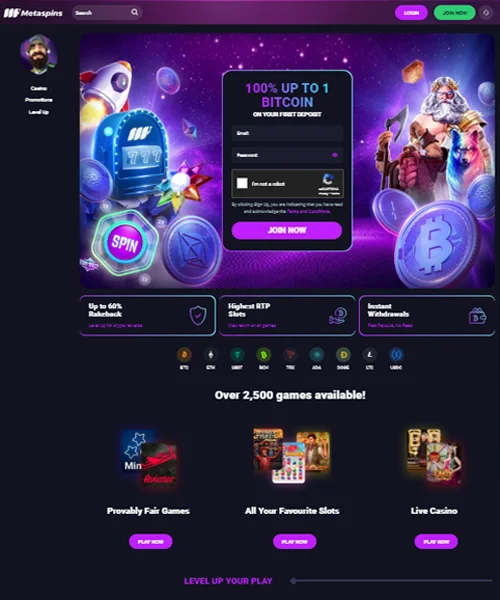 Metaspins Casino screenshot casino lobby with slot games, live dealer tables, payment options, and user interface elements