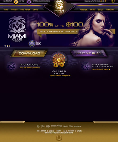 Miami Club Casino screenshot casino lobby with slot games, live dealer tables, payment options, and user interface elements