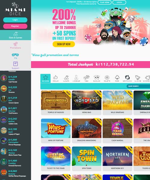Miami Dice Casino screenshot casino lobby with slot games, live dealer tables, payment options, and user interface elements