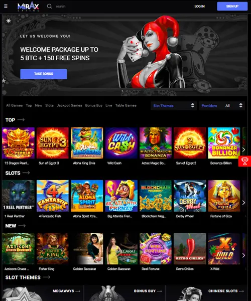 Mirax Casino screenshot casino lobby with slot games, live dealer tables, payment options, and user interface elements