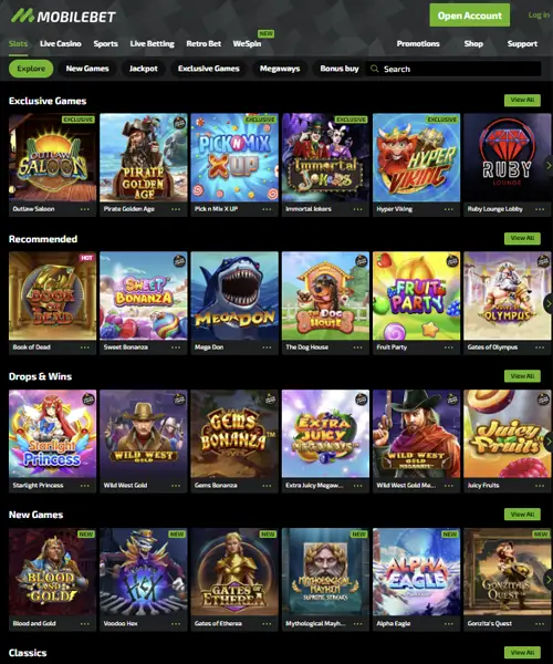 Mobilebet Casino screenshot casino lobby with slot games, live dealer tables, payment options, and user interface elements
