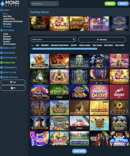 Mond Casino screenshot casino lobby with slot games, live dealer tables, payment options, and user interface elements