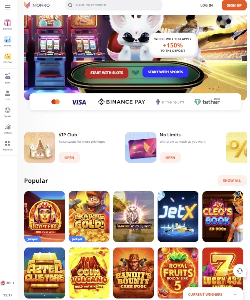 Monro Casino screenshot casino lobby with slot games, live dealer tables, payment options, and user interface elements