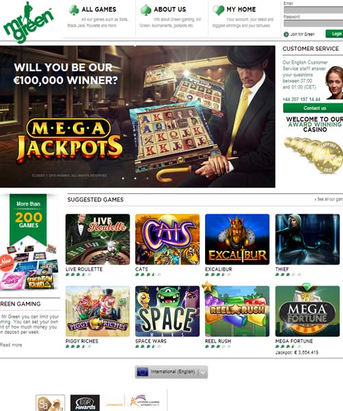 Mr Green screenshot casino lobby with slot games, live dealer tables, payment options, and user interface elements