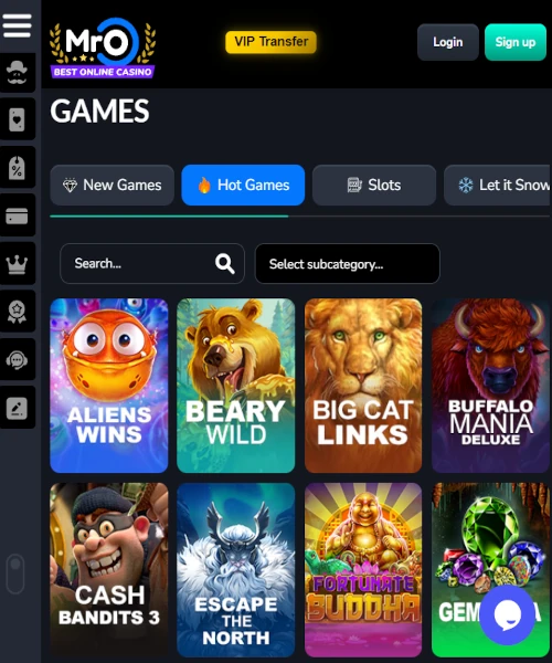 Mr O Casino screenshot casino lobby with slot games, live dealer tables, payment options, and user interface elements