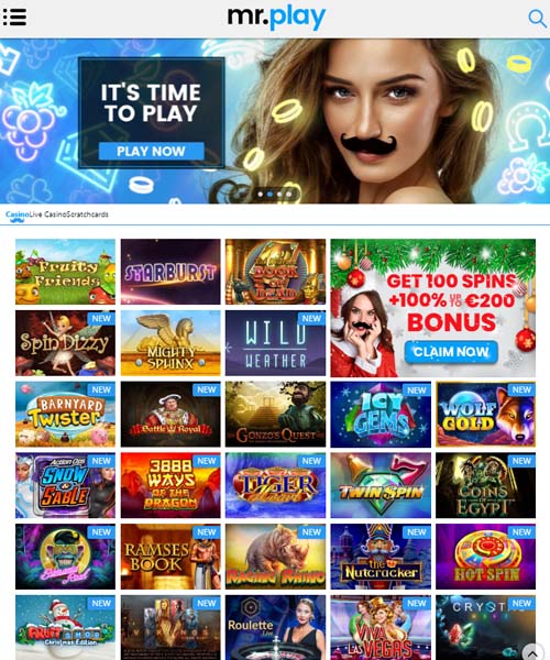 Mr Play Casino screenshot casino lobby with slot games, live dealer tables, payment options, and user interface elements