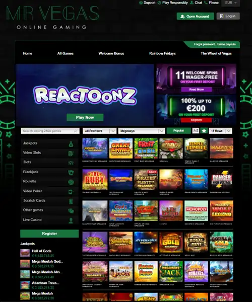 Mr Vegas screenshot casino lobby with slot games, live dealer tables, payment options, and user interface elements