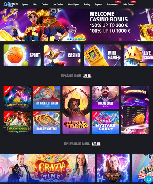 MyStake Casino screenshot casino lobby with slot games, live dealer tables, payment options, and user interface elements