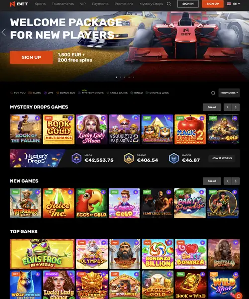 N1 Bet screenshot casino lobby with slot games, live dealer tables, payment options, and user interface elements