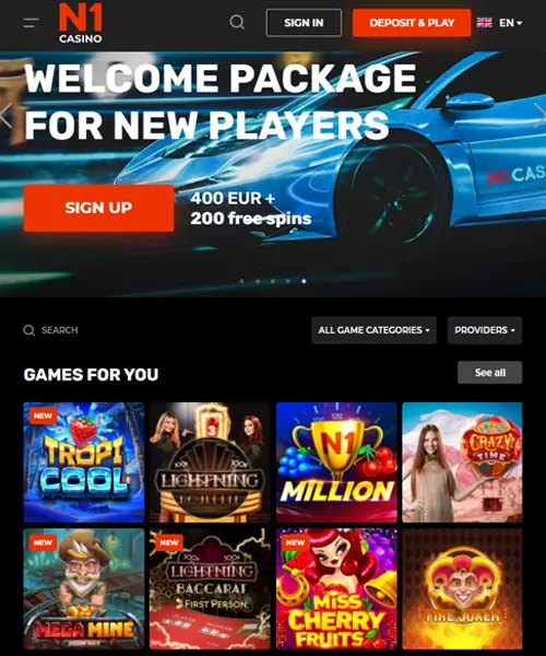 N1 Casino screenshot casino lobby with slot games, live dealer tables, payment options, and user interface elements