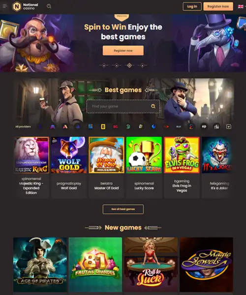 National Casino screenshot casino lobby with slot games, live dealer tables, payment options, and user interface elements