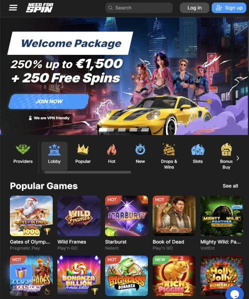 Need For Spin Casino screenshot casino lobby with slot games, live dealer tables, payment options, and user interface elements