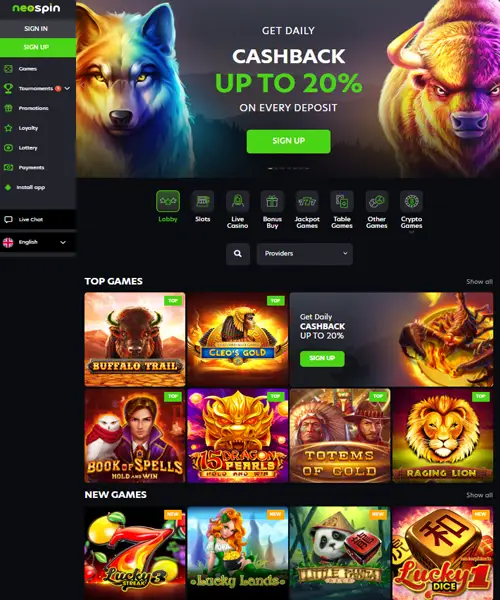 Neospin Casino screenshot casino lobby with slot games, live dealer tables, payment options, and user interface elements