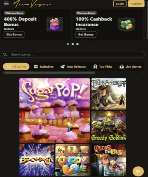 NewVegas Casino screenshot casino lobby with slot games, live dealer tables, payment options, and user interface elements
