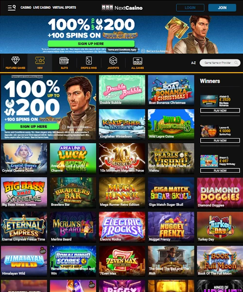 NextCasino screenshot casino lobby with slot games, live dealer tables, payment options, and user interface elements