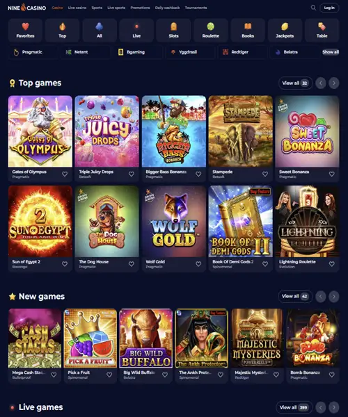 Nine Casino screenshot casino lobby with slot games, live dealer tables, payment options, and user interface elements