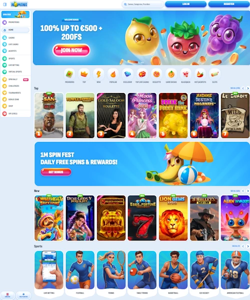Nomini screenshot casino lobby with slot games, live dealer tables, payment options, and user interface elements