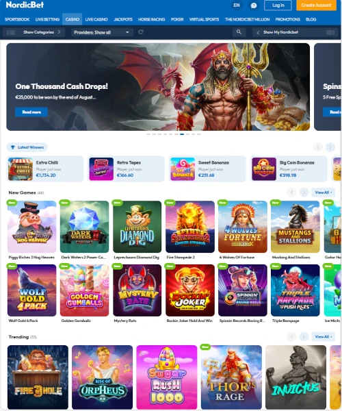 Nordicbet Casino screenshot casino lobby with slot games, live dealer tables, payment options, and user interface elements