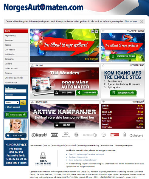 NorgesAutomaten screenshot casino lobby with slot games, live dealer tables, payment options, and user interface elements