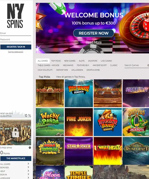 NYSpins Casino screenshot casino lobby with slot games, live dealer tables, payment options, and user interface elements