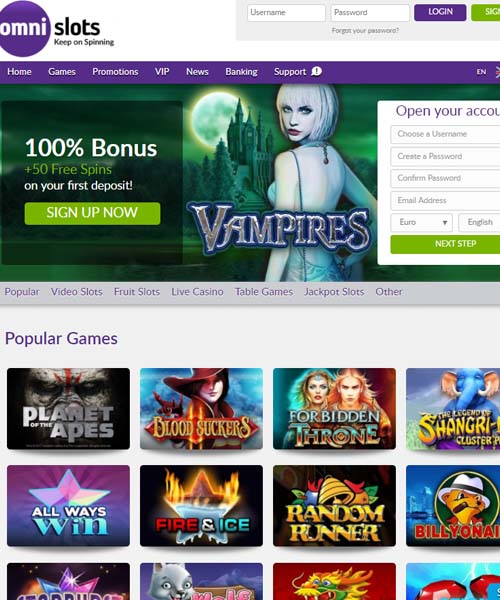 Omni Slots Casino screenshot casino lobby with slot games, live dealer tables, payment options, and user interface elements