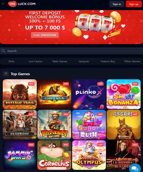 OnLuck Casino screenshot casino lobby with slot games, live dealer tables, payment options, and user interface elements