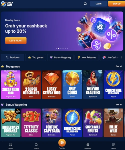 OnlyWin Casino screenshot casino lobby with slot games, live dealer tables, payment options, and user interface elements